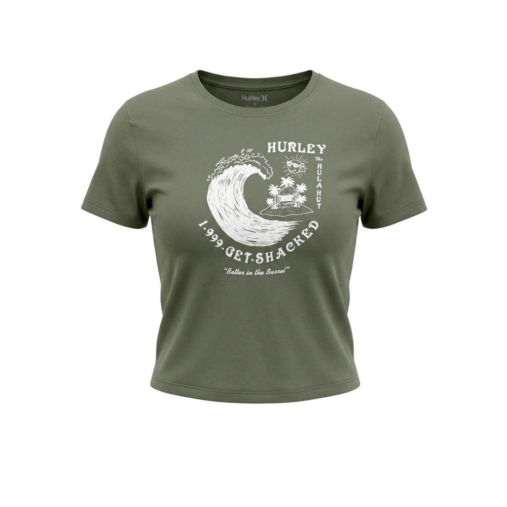Hurley Graphic Tee Womens Medium Olive Green Excellent Hula Hut Surf Crop Top